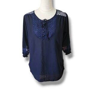 Semi  Sheer Lace Detail Peasant Blouse from Dieu My